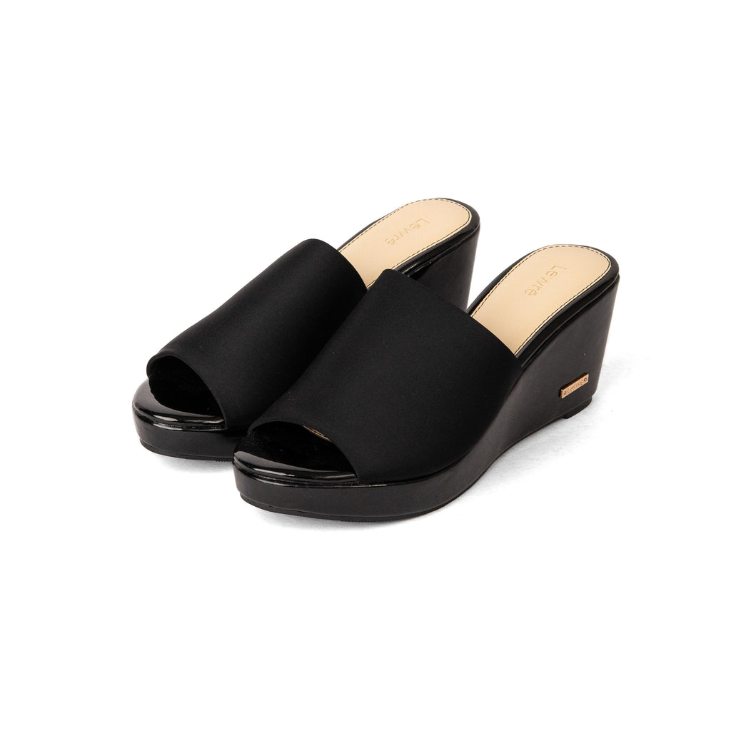 Lewré Leila black wedge sandals with wide elastic fabric straps and open toes