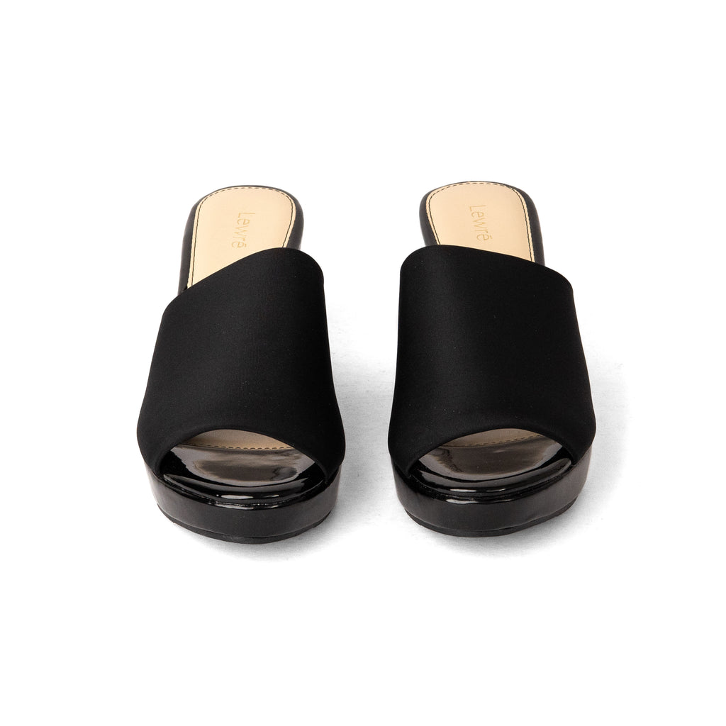 Lewré Leila black wedge sandals with wide elastic fabric straps and open toes