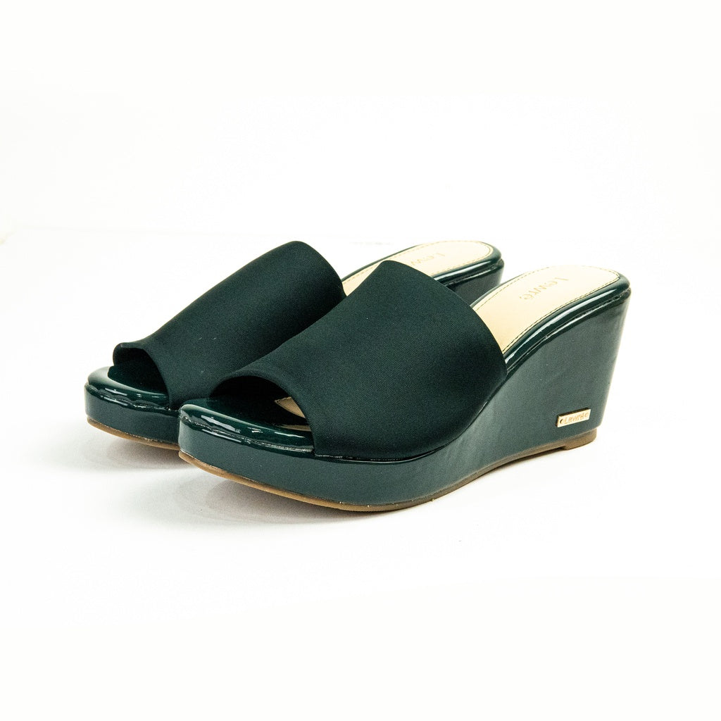 Lewré Leila green wedge sandals with wide elastic fabric straps and open toes