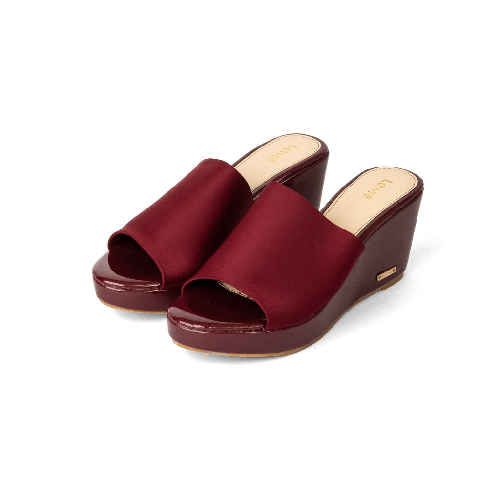 Lewré Leila maroon wedge sandals with wide elastic fabric straps and open toes