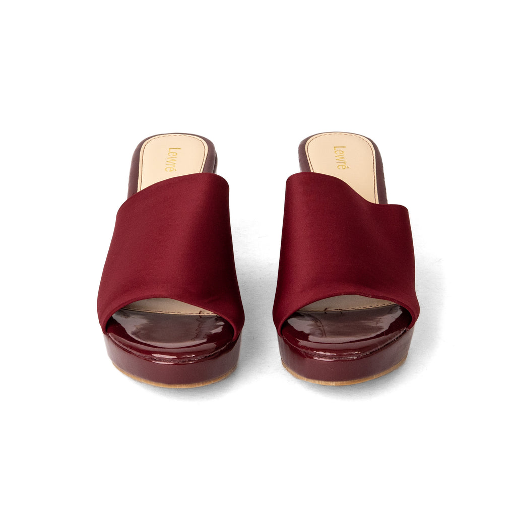 Lewré Leila maroon wedge sandals with wide elastic fabric straps and open toes