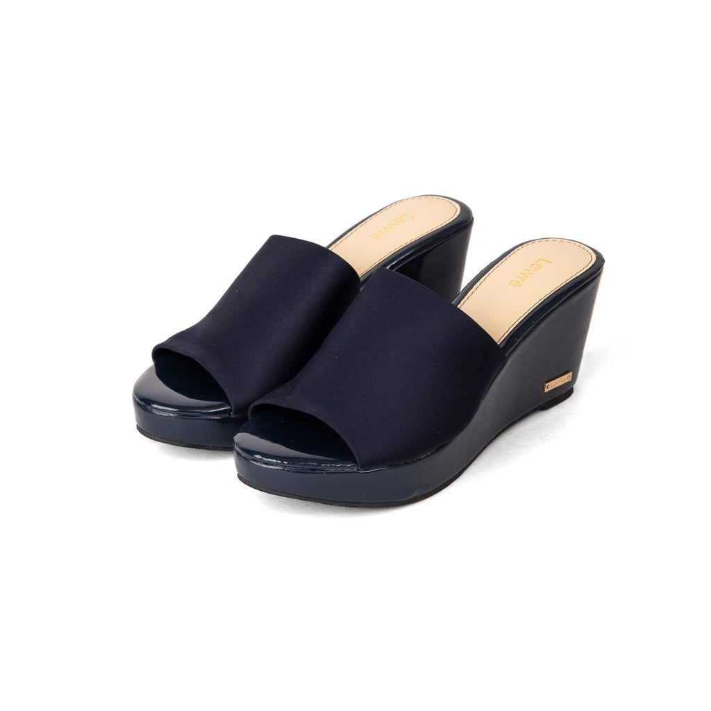 Lewré Leila navy wedge sandals with wide elastic fabric straps and open toes