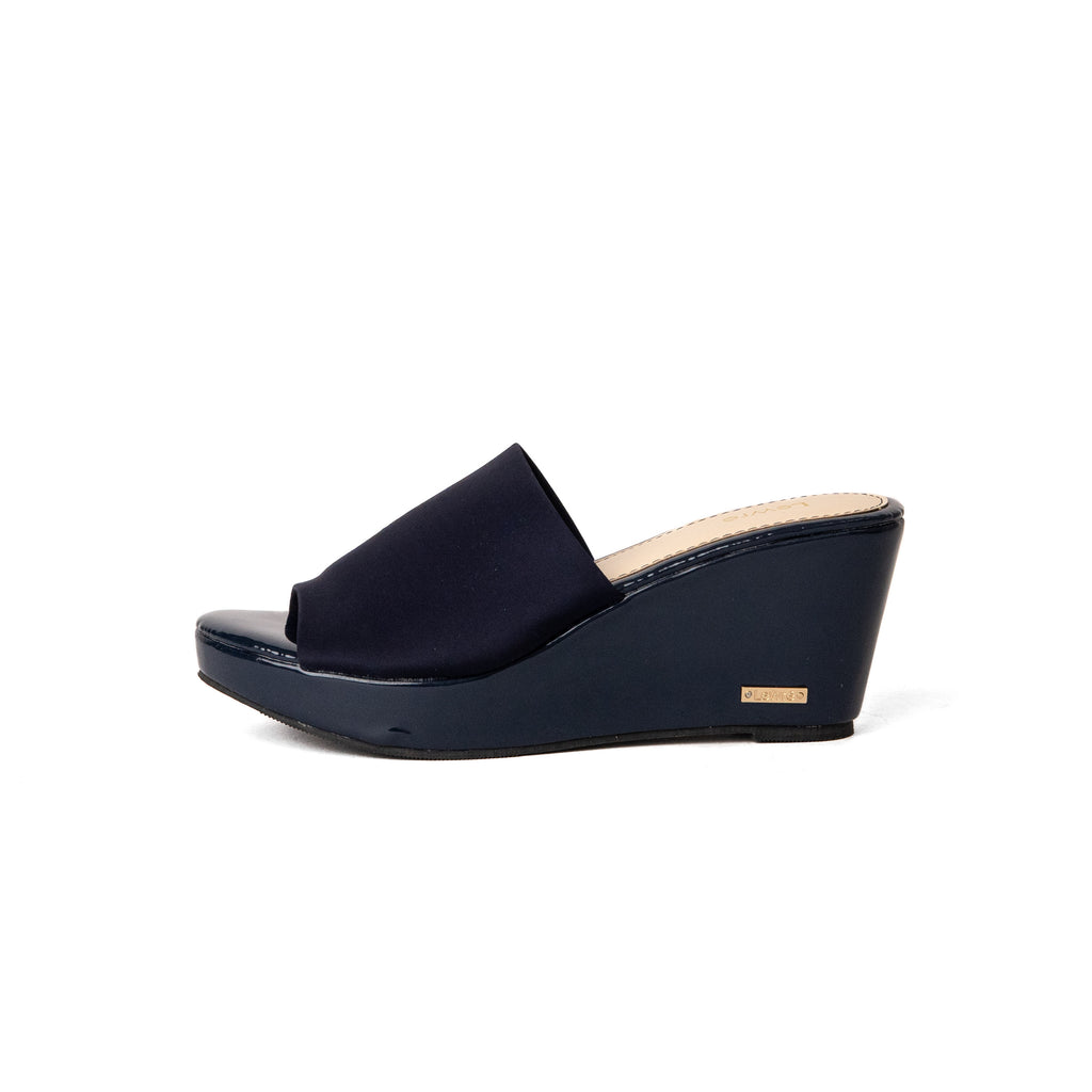 Lewré Leila navy wedge sandals with wide elastic fabric straps and open toes