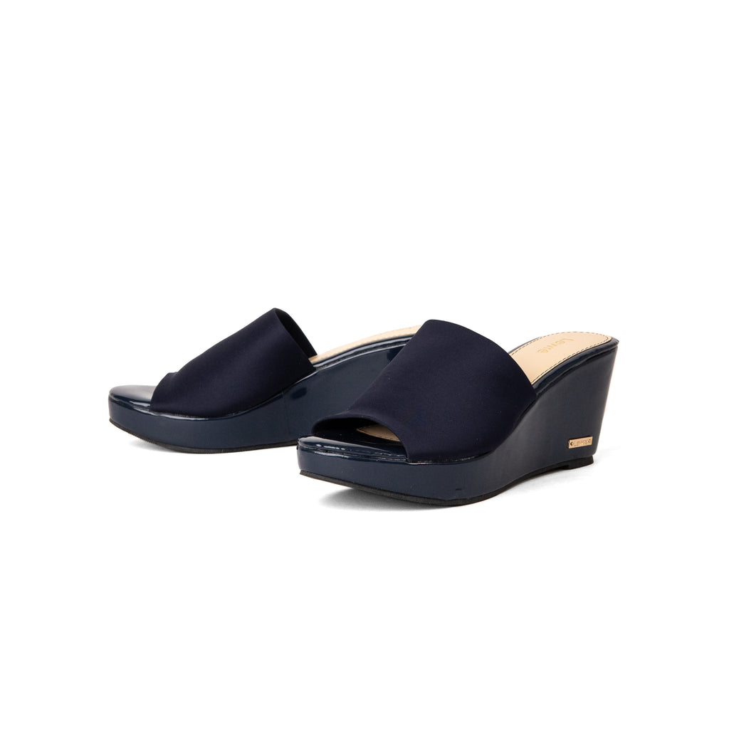 Lewré Leila navy wedge sandals with wide elastic fabric straps and open toes
