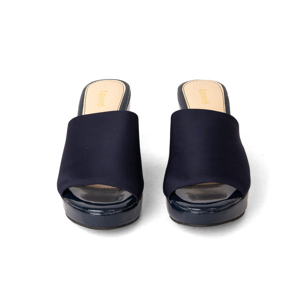 Lewré Leila navy wedge sandals with wide elastic fabric straps and open toes