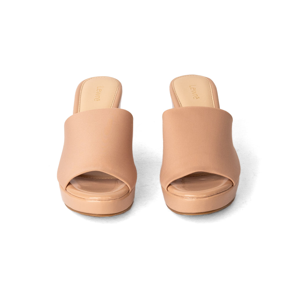 Lewré Leila nude wedge sandals with wide elastic fabric straps and open toes