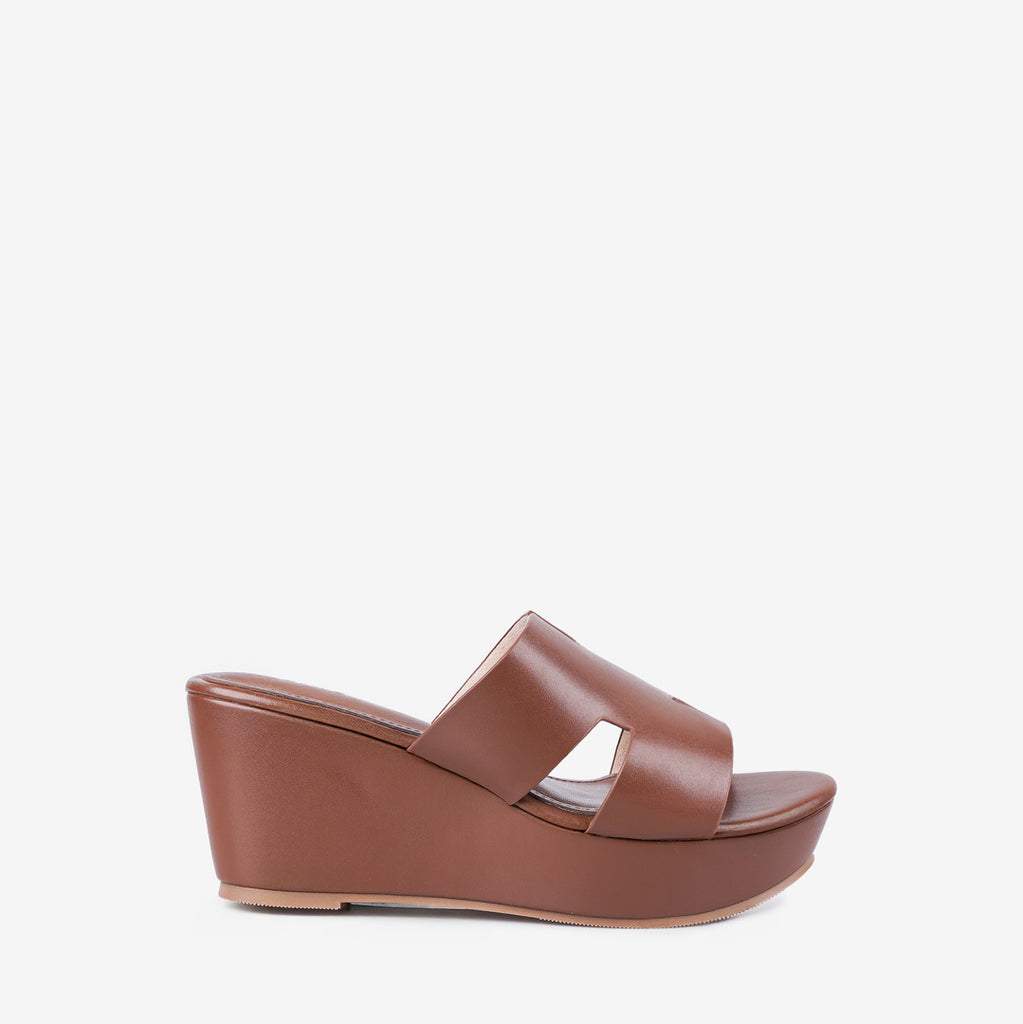 Lewré Nova brown wedge sandals with wide straps and slip-on style