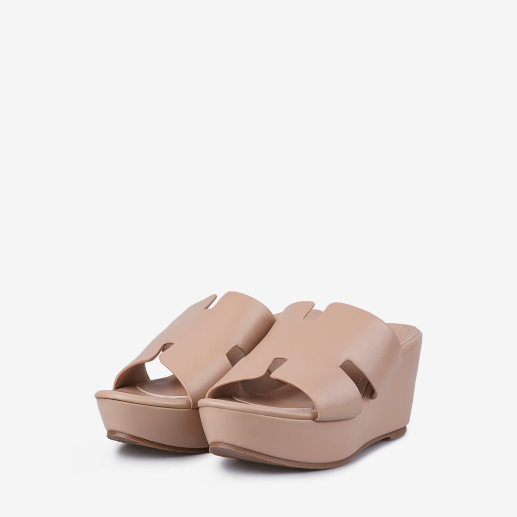 Lewré Nova nude wedge sandals with wide straps and slip-on style