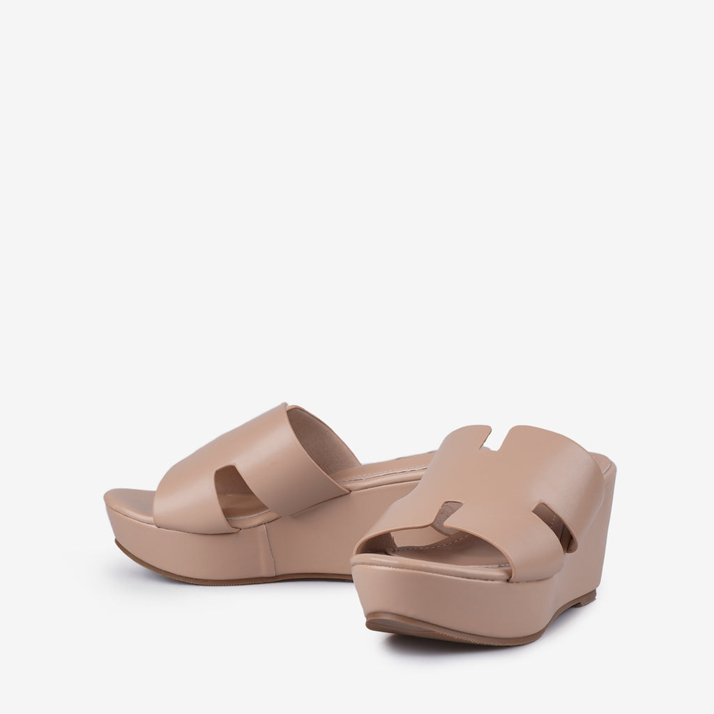Lewré Nova nude wedge sandals with wide straps and slip-on style